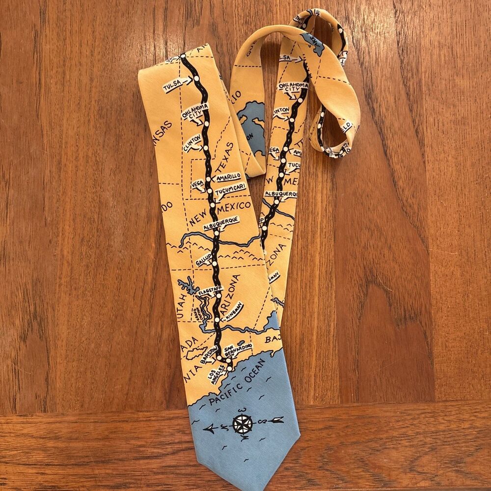 ROUTE 66 Neck Tie 80’s Noel Strand Map Route 66 Silk Neck Tie